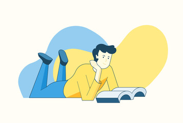 Man Reading a Book in Prone Posture Position Flat Vector Illustration