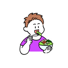 生野菜サラダを食べている太り気味の男性