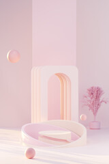 3D render pink podium with pink doorframe texture in pink background abstract content 