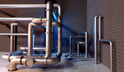 Boiler room at factory. Lots of steel pipes in boiler room. Tangled metal pipes. Plumbing in front of brick wall. Concept boiler equipment. Plumbing in factory. Engineering Communication. 3d image