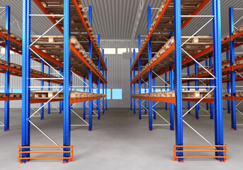Warehouse space. Shelving with pallets for long-term storage. Empty warehouse with multi-tiered racks. Empty logistics center. Warehouse rental concept. Storage space visualization. 3d rendering.