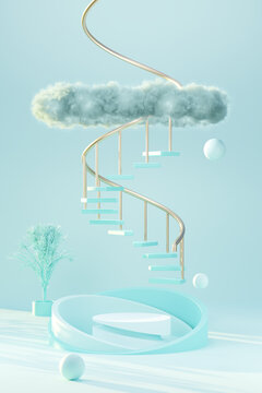 3D render blue podium with cloud texture in blue background abstract content 