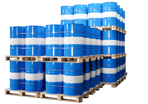 Warehouse of chemistry products. Metal barrels for toxic liquids. Blue barrels on pallets. Chemistry barrels are stacked on top of each other. Tanks for chemistry isolated on white. 3d rendering.