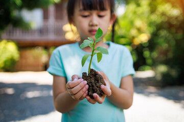 kid planting a tree for help to prevent global warming or climate change and save the earth. Picture for concept of Earth Day to encourage people about the environmental protection.