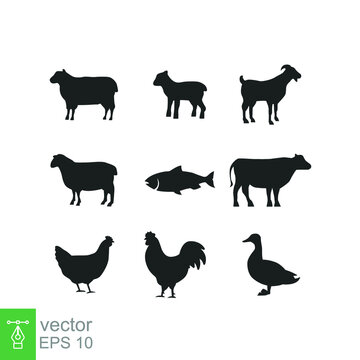 Silhouettes of Farm Animals. Cow, Goat, Sheep, Lamb, Hen, Fish, Duck. Farm Animals icons isolated on white background. Vector livestock icons. EPS 10