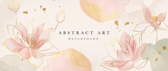 Foto op Canvas Spring floral in watercolor vector background. Luxury wallpaper design with lotus flowers, line art, golden texture. Elegant gold blossom flowers illustration suitable for fabric, prints, cover. © TWINS DESIGN STUDIO