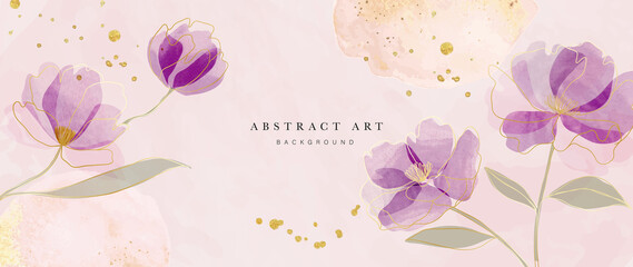 Spring floral in watercolor vector background. Luxury wallpaper design with purple flowers, line art, golden texture. Elegant gold blossom flowers illustration suitable for fabric, prints, cover.
