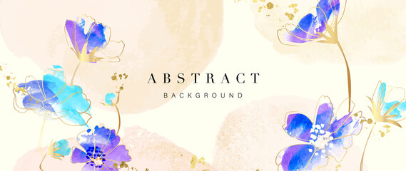 Spring floral in watercolor vector background. Luxury wallpaper design with blue, purple flowers, line art, golden texture. Elegant gold botanical illustration suitable for fabric, prints, cover.
