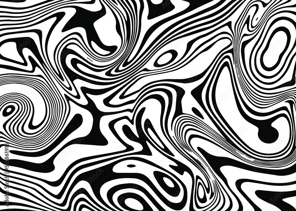 Poster black and white background with glitched curves and wavy lines.