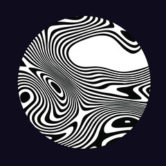 Black and white circle with glitched curves and wavy lines. Abstract geometric illustration for poster or logotype.