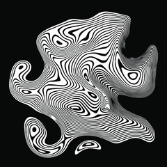 Black and white background with glitched curves and wavy lines.