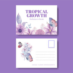 Postcard template with pastel tropical flower concept,watercolor style