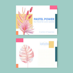 Postcard template with pastel tropical flower concept,watercolor style
