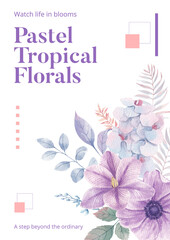 Poster template with pastel tropical flower concept,watercolor style