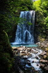 Obraz premium 乗鞍三名滝と呼ばれる、落差8メートルの迫力ある善五郎の滝とその周辺のさわやかな6月の風景