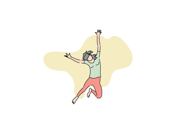 Happy young woman jumping with VR device. Flat design illustration