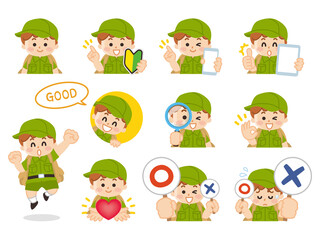 探検隊の男の子バリエーション　初心者マーク　スマートフォン　タブレット　虫眼鏡　ハート　正解　不正解