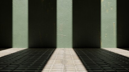 Green room with tiles on the floor. Render of a room with a metal wall. Empty space to place model