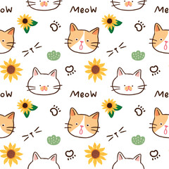 Fototapeta premium Seamless Pattern with Cartoon Cat Face Design on White Background