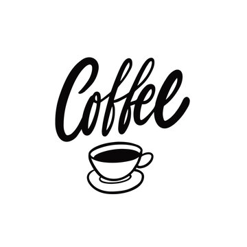 Coffee text lettering and coffee mug. Hand drawn black color vector art.