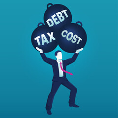 Business man carrying some heavy iron ball of debt, tax and cost concept