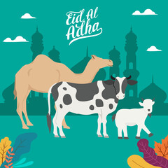 Islamic flat design illustration concept for Happy eid al adha or sacrifice celebration event