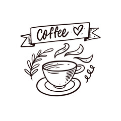 Hand drawn vector art. Coffee lettering text. Coffee mug sketch style.