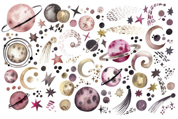 Hand-drawn watercolor planets, stars, universes, milky way and golden stars. Large set of magical space elements hand-drawn isolated on a white background. © Tonia Tkach