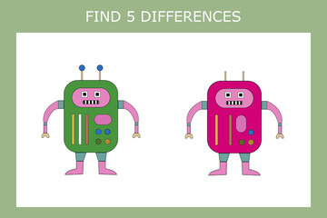 Educational game for children. Find 5 differences between the  robots and circle them