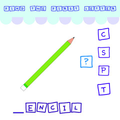 Find the first letter of the word PENCIL and connect. Educational game for children.
