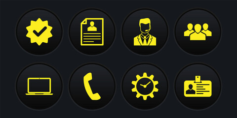 Set Laptop, Users group, Telephone handset, Time Management, with headset and Resume icon. Vector