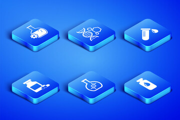 Set Medical vial, ampoule, Bioengineering, DNA research, search, Medicine bottle and pills, Genetic and Test tube with drop of blood icon. Vector