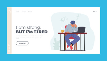 Stress, Professional Burnout Landing Page Template. Tired Man in Office. Stressed Overloaded Employee, Confused Man