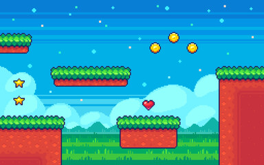 Pixel art game background. Computer game screen with bonus items