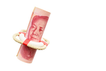 Yuan currency exchange rate risk and method to avoid concept : China RMB 100 bill in a red lifebuoy, depicts the risk in money exchange market and can be avoid by hedging, diversifying. White isolated