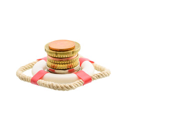 Asset, liability or debt insurance and loan protection concept : Coins in a red lifebuoy, depicts strategies for guarding wealth from creditor claims and access to valuable property. Isolated on white