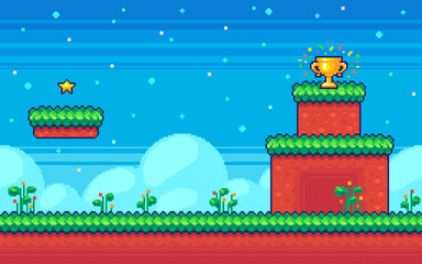 Pixel art game background. Computer game screen with winner cup
