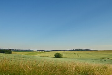 Summer panoramic view of czech (Souht Bohemia) landscape with fields, hills, meadow and path during sunset and mist, noise