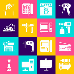 Set Air compressor, Radio, Paint spray gun, Coffee machine and cup, Electric drill and planer tool icon. Vector