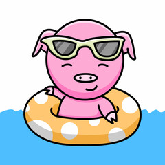 Cute pig with swimming tires cartoon design