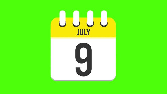 July 9. Calendar appearing, with the pages dropping down to the date july 9. Green background, chroma key