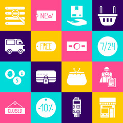 Set Shopping building or market store, Delivery man with cardboard boxes, Clock 24 hours, hand, Price tag text Free, cargo truck vehicle, Search browser window and Paper money cash icon. Vector