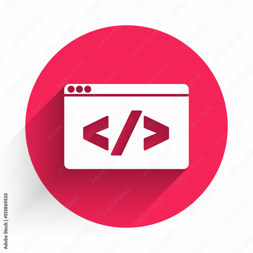Poster white web design and front end development icon isolated with long shadow. red circle button. vector