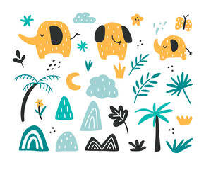 Set of wild yellow elephants. Cute african animals with tropical plants. Collection of vector graphic elements. Childish baby illustrations.
