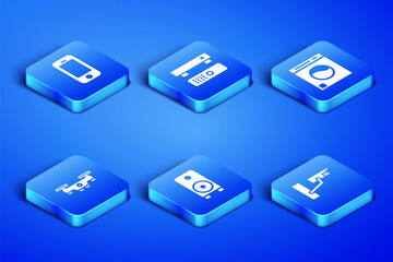 Set Security camera, Smartphone, Stereo speaker, Drone flying, Multimedia and TV box and Washer icon. Vector