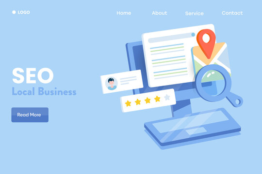 3d illustration - local SEO business concept, searching local business information, customer review on search engine, web banner landing page template.