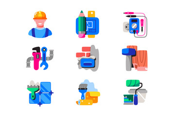 Repair tools and elements icon set