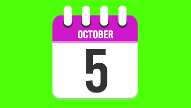 October 5. Calendar appearing, with the pages dropping down to the date october 5. Green background, chroma key
