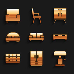 Set Sofa, Wardrobe, Table lamp, Chest drawers, Big bed, and Armchair icon. Vector