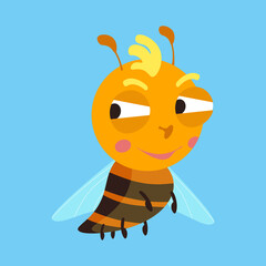 Cute bee in cartoon style. Character for design of postcards, inscriptions, children books. Vector illustration, icon on isolated background.